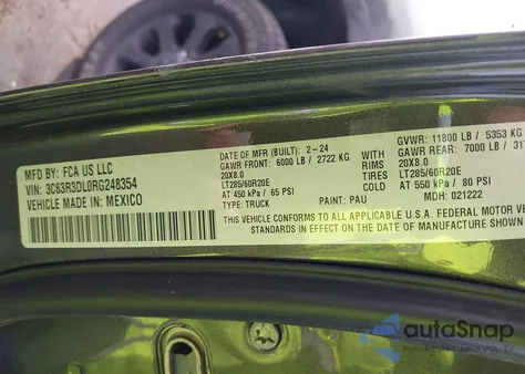 2024 Dodge Ram 3500 Big Horn 4X4 6'4 Box из США, поврежденный, VIN 3C63R3DL0RG248354